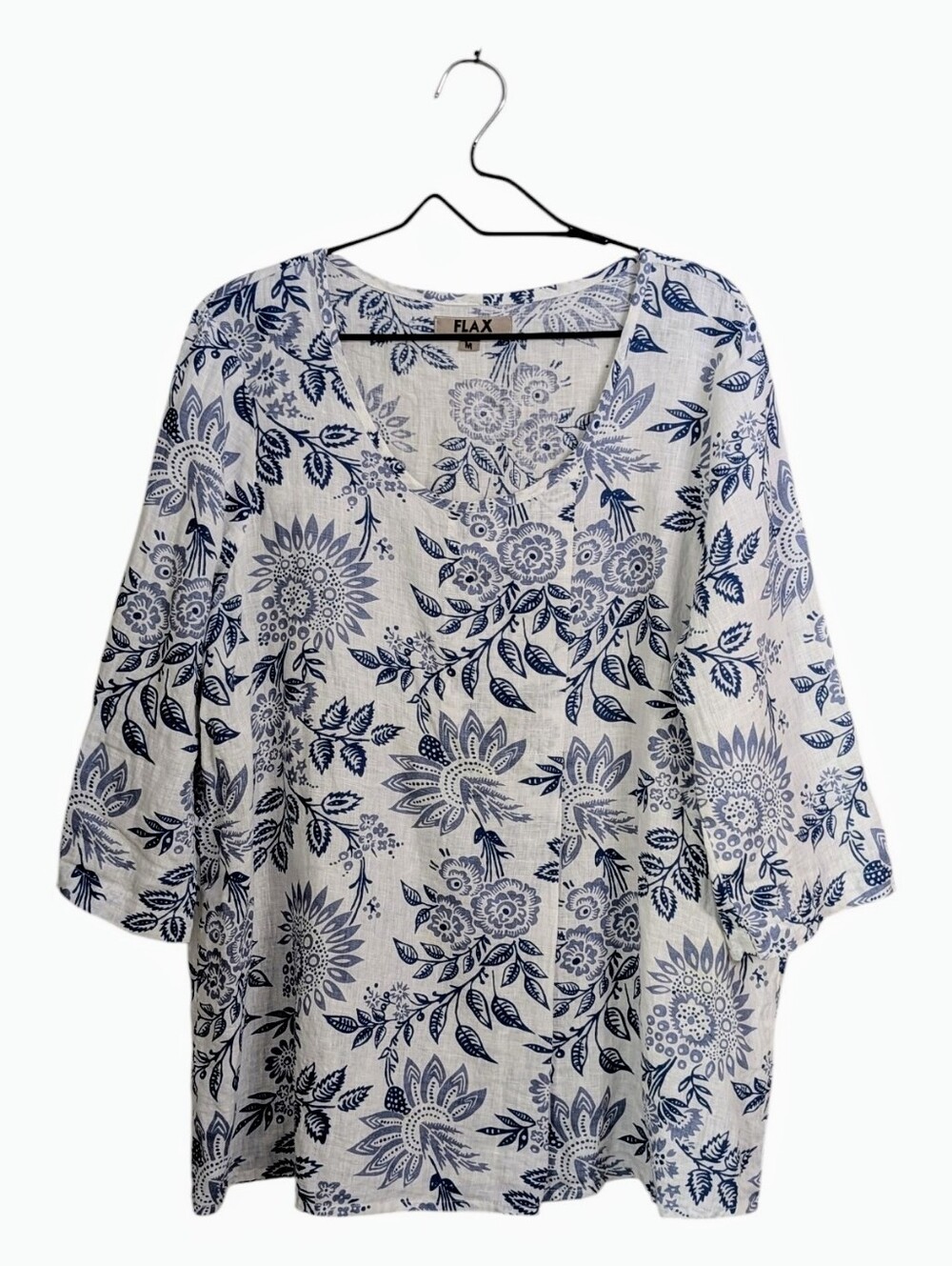 Flax White Linen Tunic with Navy Blue Floral Print